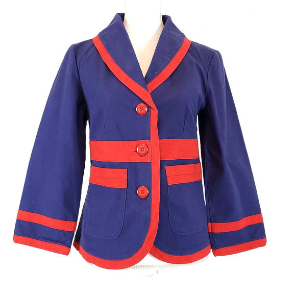 NEW!! Tulle Women's SIZE M Red Blue Button Down Jacket Coat 3/4 Sleeve Career - Picture 1 of 13